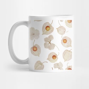 Autumn Physalis, Cape gooseberry dry flowers watercolor pattern.  Golden berry structure. Delicate floral print Mug